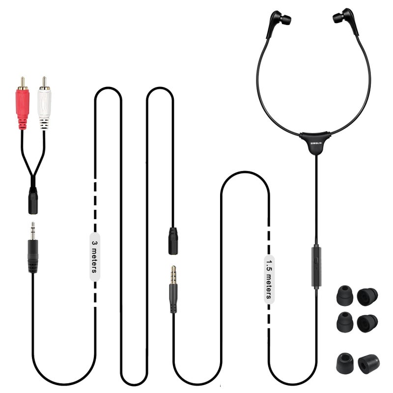 SIMOLIO Anti-Dropping Wired TV Earphone with Volume Control, Extra Long Cord Headphone with Mic for TV, PC, RCA & 3.5mm Cable Included, 14.9ft Extension Cable Earphone, Extra Soft Ear Tips, SM-901TV - Image 1